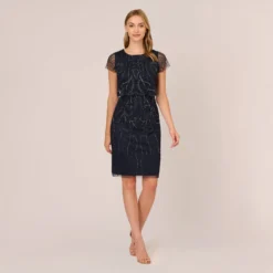 Adrianna Papell Short Sleeve Beaded Cocktail Dress With Popover In Midnight -Glam Mirth Sales AP1E207775 AG410 Regular Front