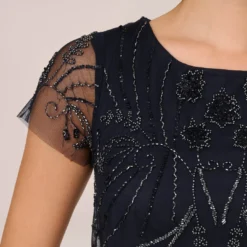 Adrianna Papell Short Sleeve Beaded Cocktail Dress With Popover In Midnight -Glam Mirth Sales AP1E207775 AG410 Regular Lifestyle