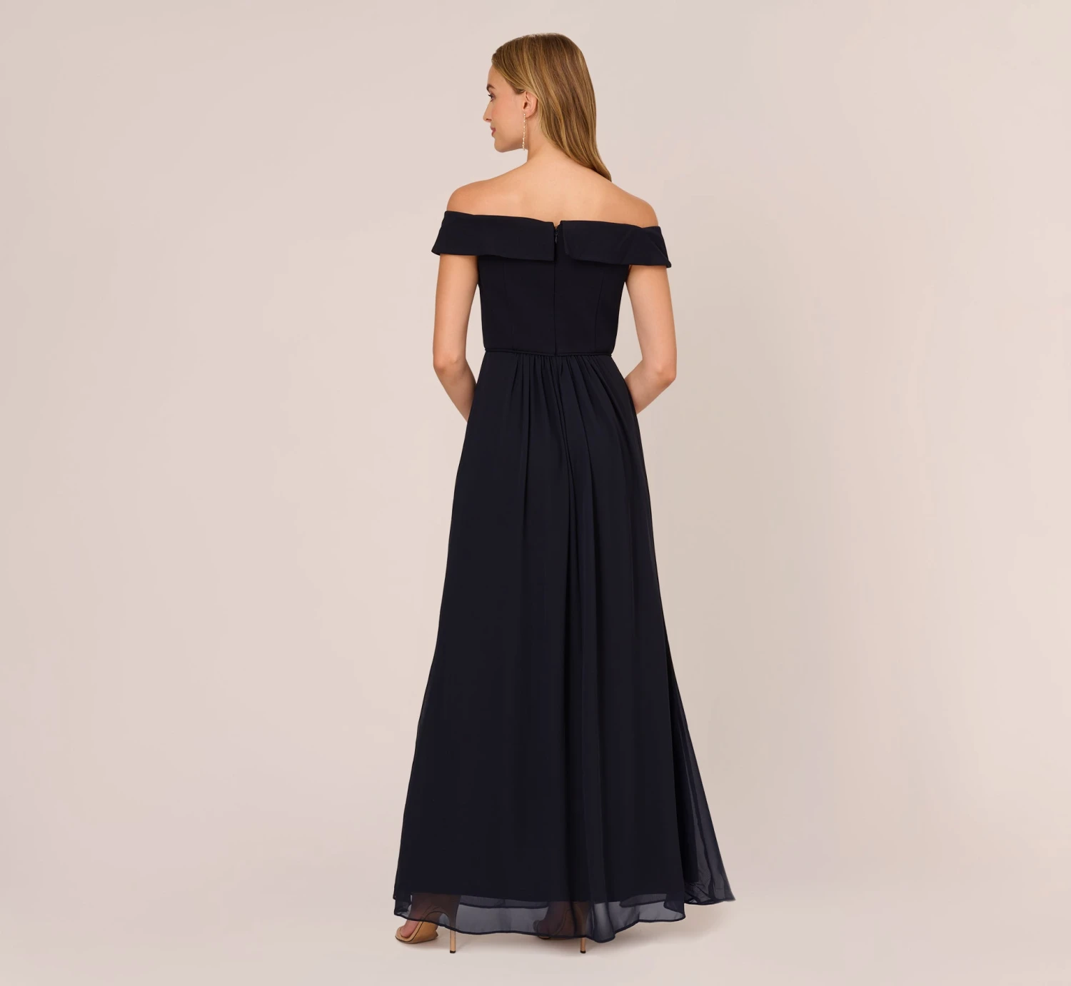 Adrianna Papell Off The Shoulder Crepe Chiffon Gown With Soft Skirt In Midnight 4 Adrianna Papell Off The Shoulder Crepe Chiffon Gown With Soft Skirt In Midnight - Image 4