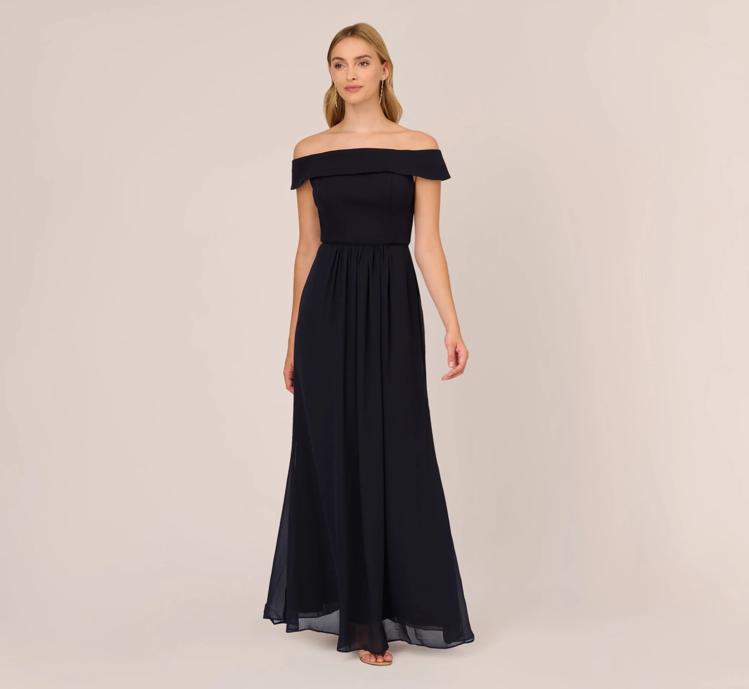 Adrianna Papell Off The Shoulder Crepe Chiffon Gown With Soft Skirt In Midnight 1 Adrianna Papell Off The Shoulder Crepe Chiffon Gown With Soft Skirt In Midnight