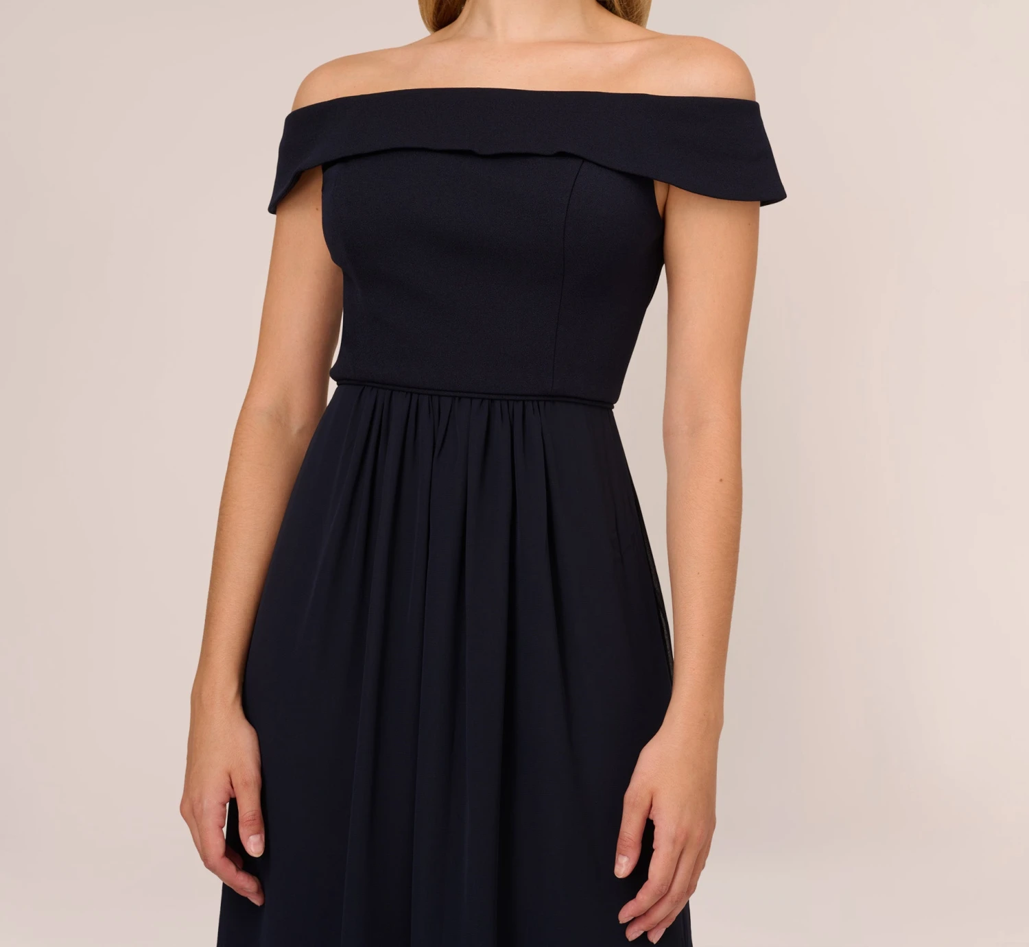 Adrianna Papell Off The Shoulder Crepe Chiffon Gown With Soft Skirt In Midnight 5 Adrianna Papell Off The Shoulder Crepe Chiffon Gown With Soft Skirt In Midnight - Image 5