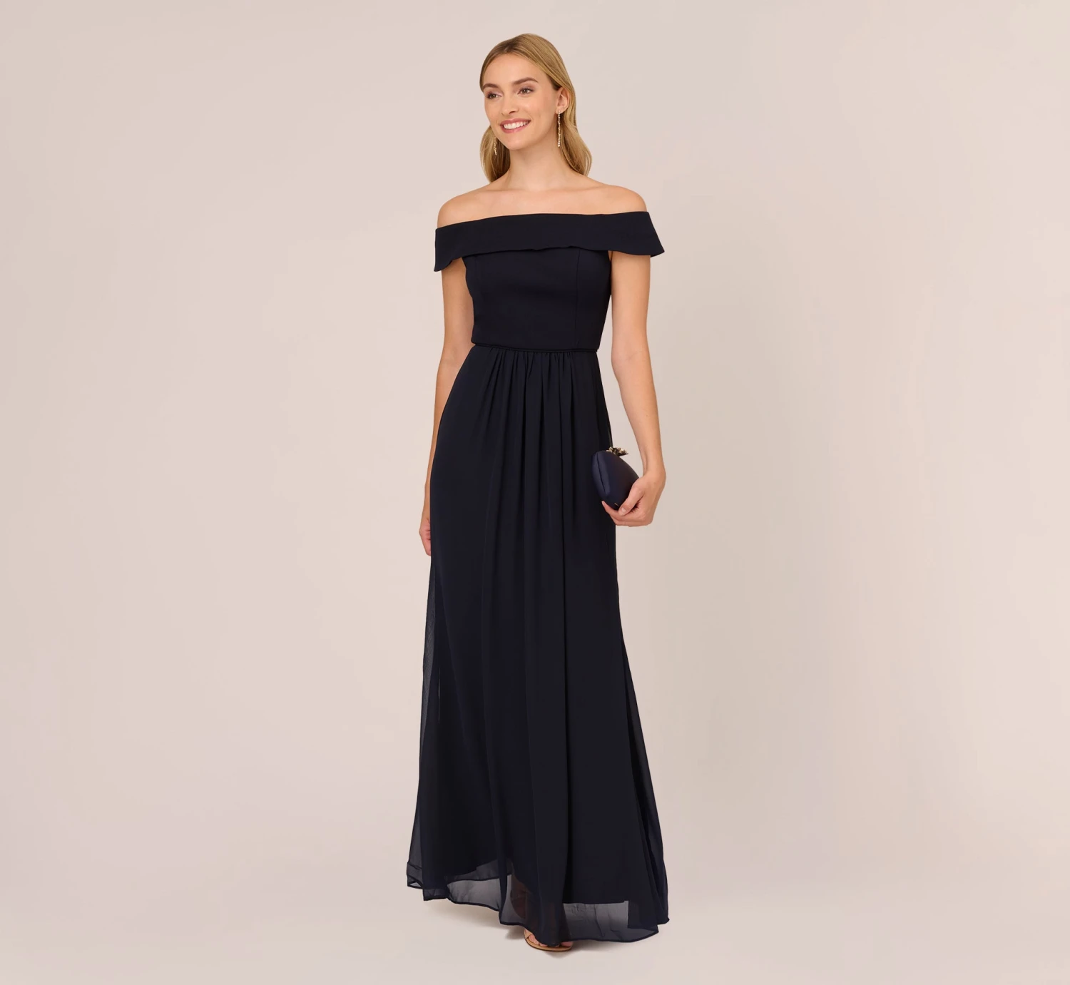 Adrianna Papell Off The Shoulder Crepe Chiffon Gown With Soft Skirt In Midnight 2 Adrianna Papell Off The Shoulder Crepe Chiffon Gown With Soft Skirt In Midnight - Image 2