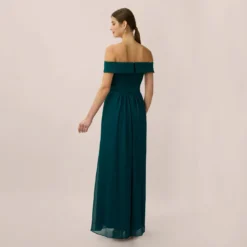 Adrianna Papell Off The Shoulder Crepe Chiffon Gown With Soft Skirt In Hunter 8 Adrianna Papell Off The Shoulder Crepe Chiffon Gown With Soft Skirt In Hunter -Glam Mirth Sales AP1E207939 AE303 Regular Back