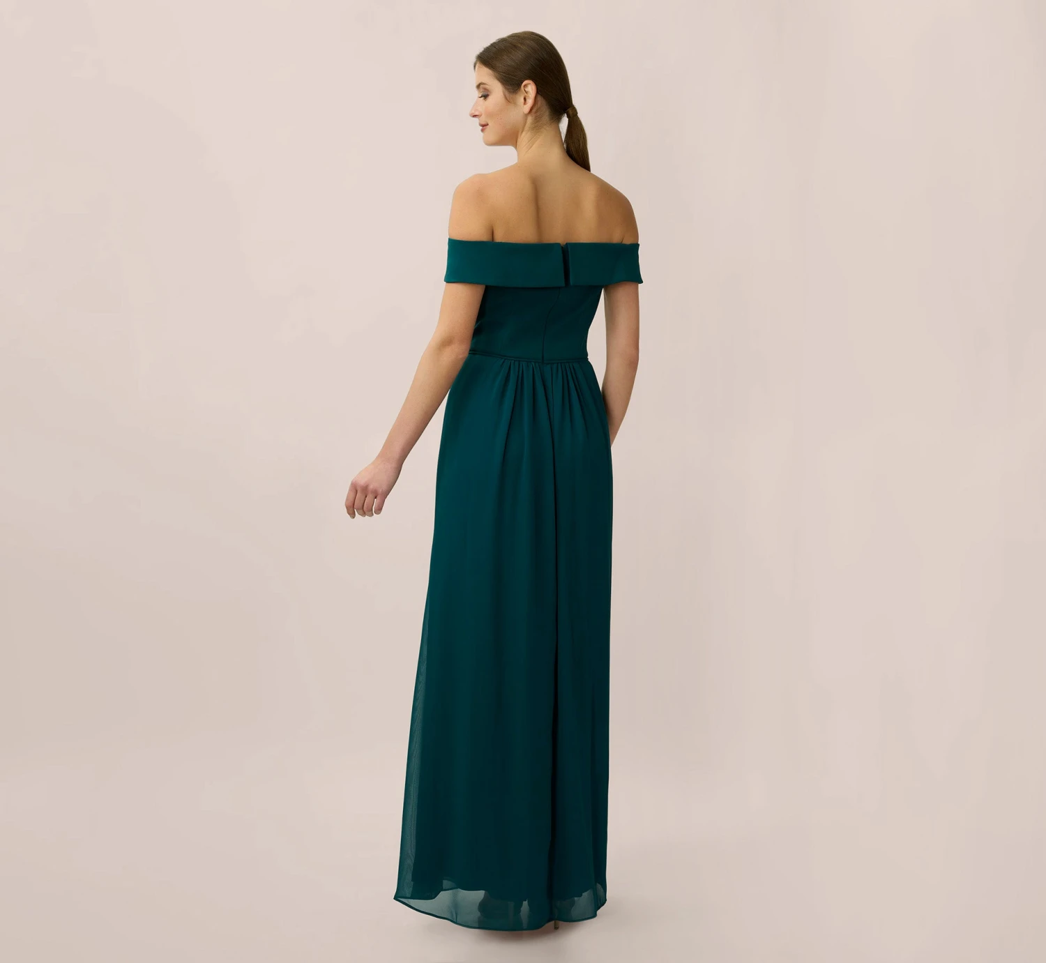 Adrianna Papell Off The Shoulder Crepe Chiffon Gown With Soft Skirt In Hunter 4 Adrianna Papell Off The Shoulder Crepe Chiffon Gown With Soft Skirt In Hunter - Image 4