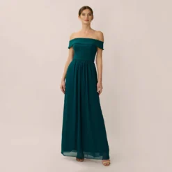 Adrianna Papell Off The Shoulder Crepe Chiffon Gown With Soft Skirt In Hunter