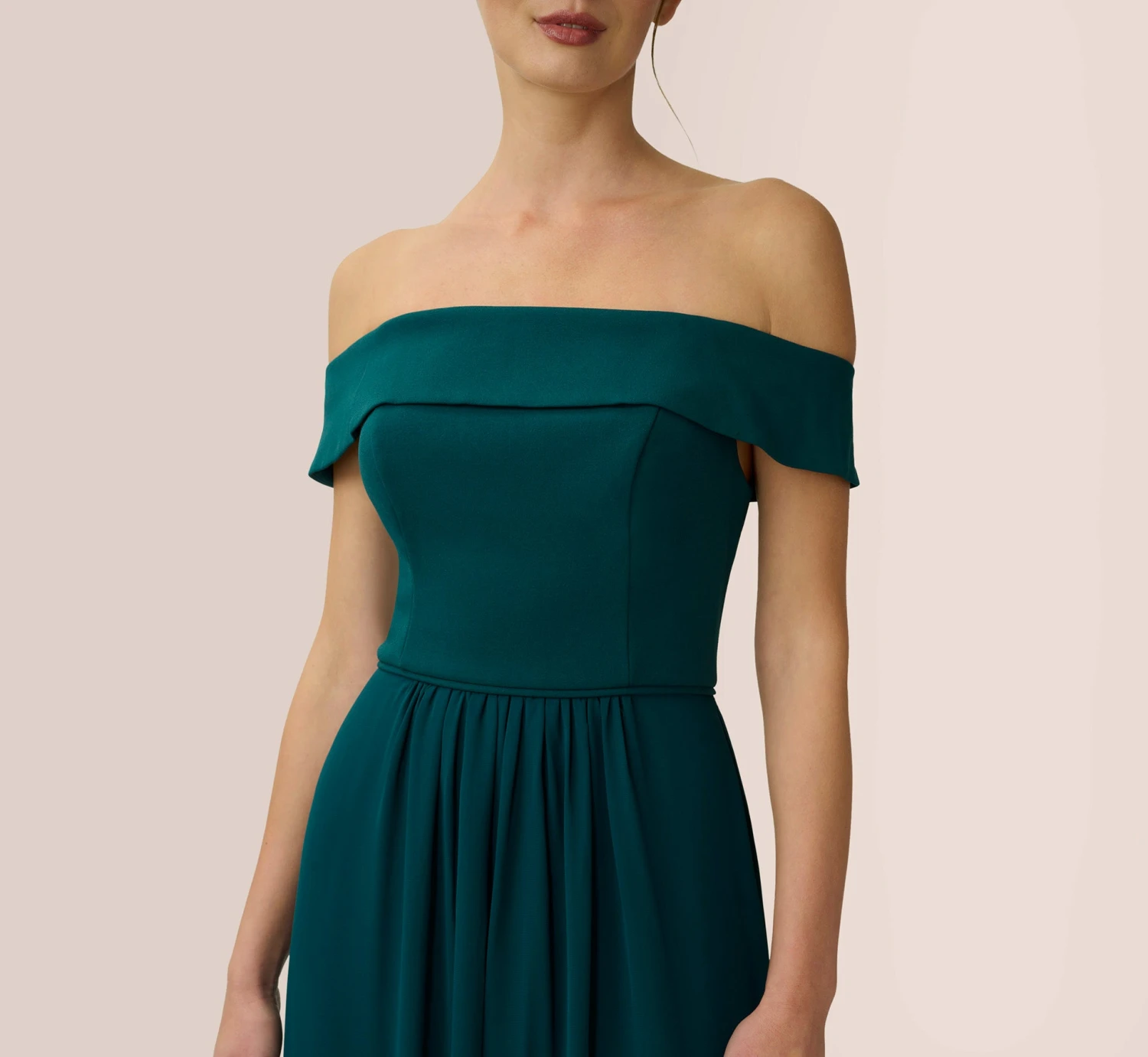 Adrianna Papell Off The Shoulder Crepe Chiffon Gown With Soft Skirt In Hunter 3 Adrianna Papell Off The Shoulder Crepe Chiffon Gown With Soft Skirt In Hunter - Image 3