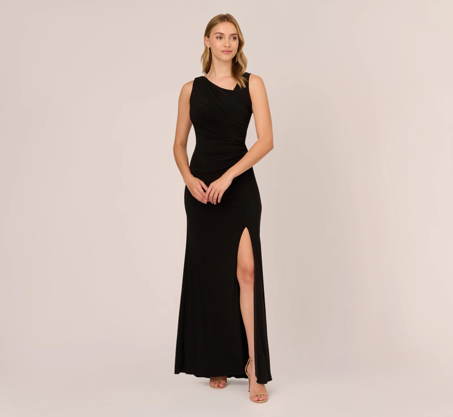 Adrianna Papell Hand-Sequined Ruched Long Jersey Gown In Black 1 Adrianna Papell Hand-Sequined Ruched Long Jersey Gown In Black