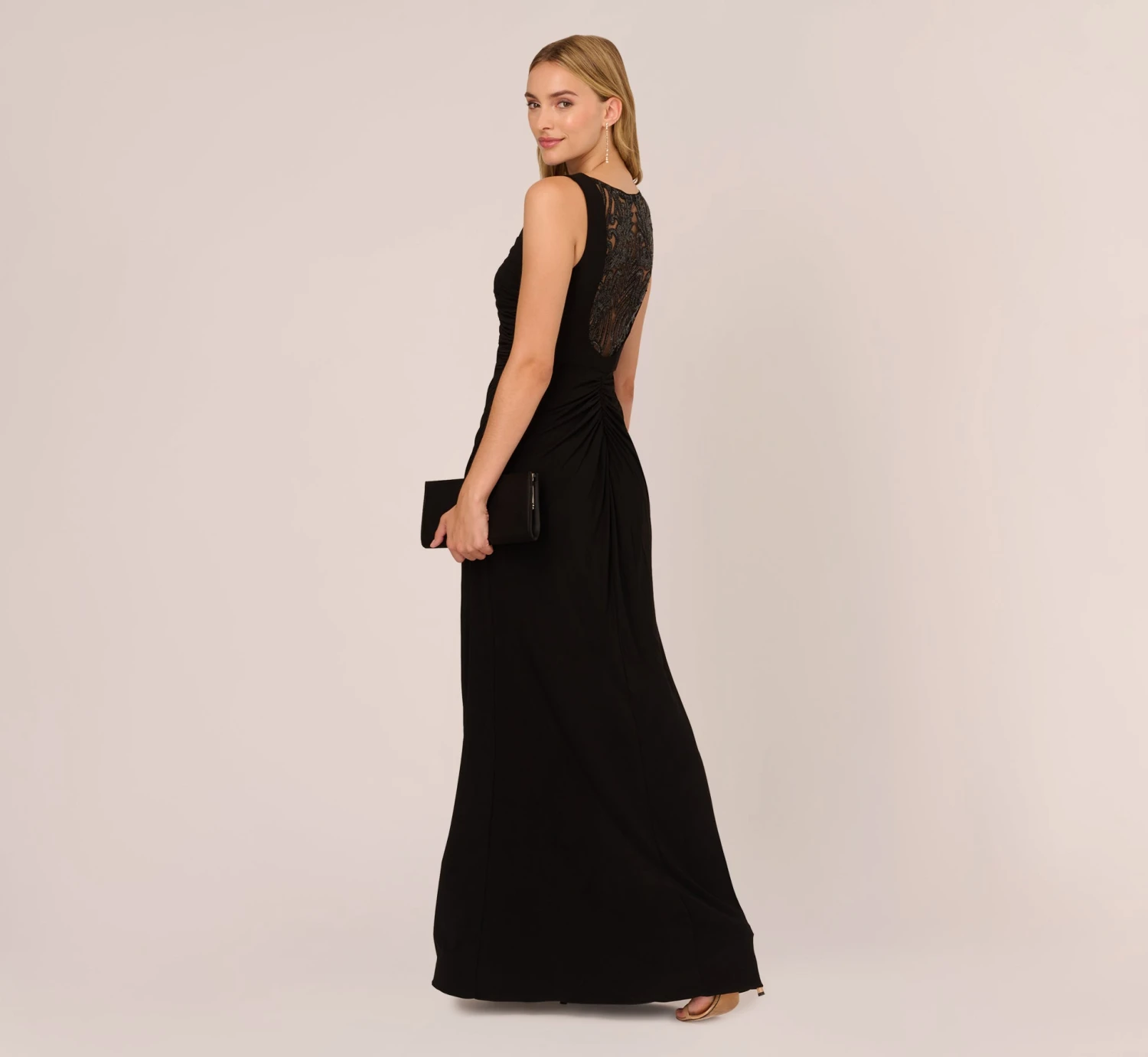 Adrianna Papell Hand-Sequined Ruched Long Jersey Gown In Black 2 Adrianna Papell Hand-Sequined Ruched Long Jersey Gown In Black - Image 2