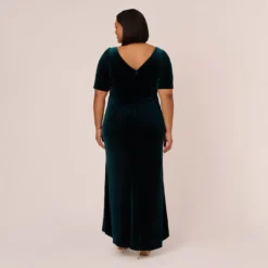 Adrianna Papell Plus Size Shirred Velvet Gown With Elbow-Length Sleeves In Emerald 12 Adrianna Papell Plus Size Shirred Velvet Gown With Elbow-Length Sleeves In Emerald -Glam Mirth Sales AP1E208255 AA321 Plus Back