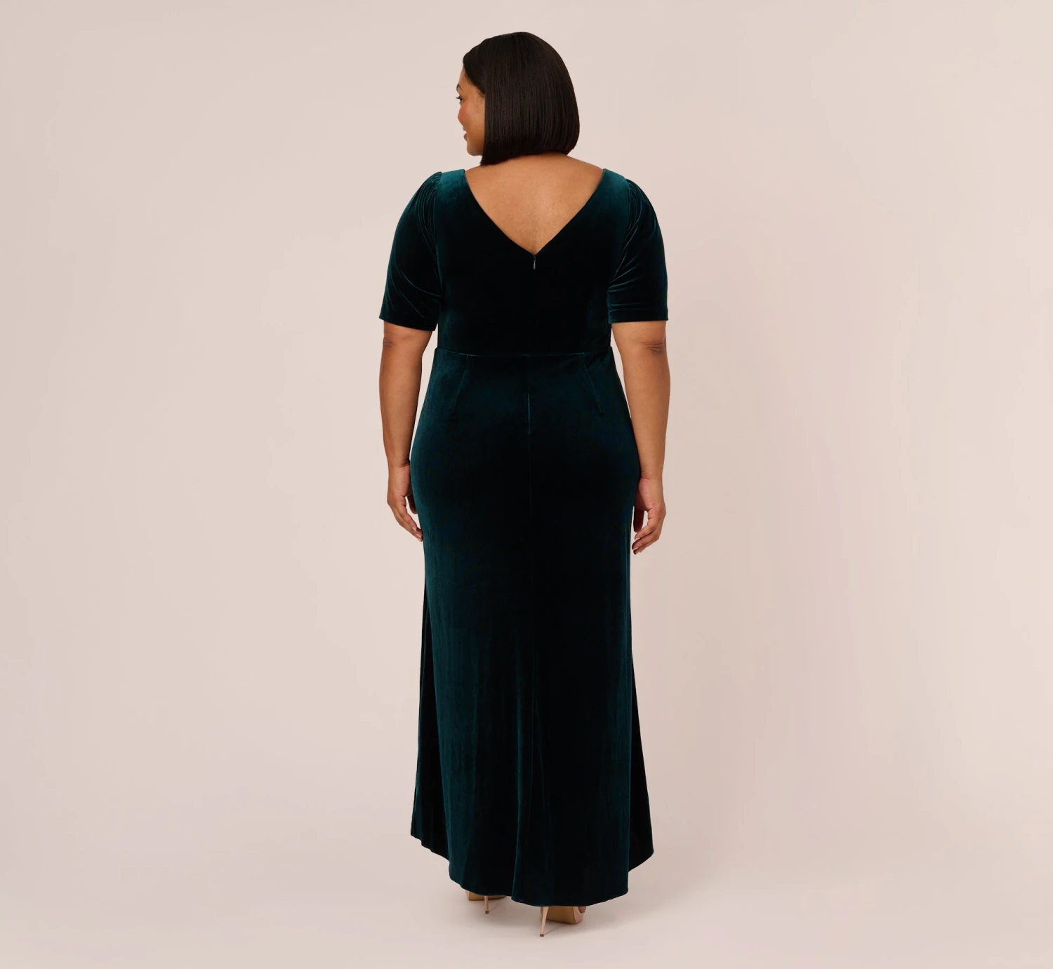 Adrianna Papell Plus Size Shirred Velvet Gown With Elbow-Length Sleeves In Emerald 6 Adrianna Papell Plus Size Shirred Velvet Gown With Elbow-Length Sleeves In Emerald - Image 6