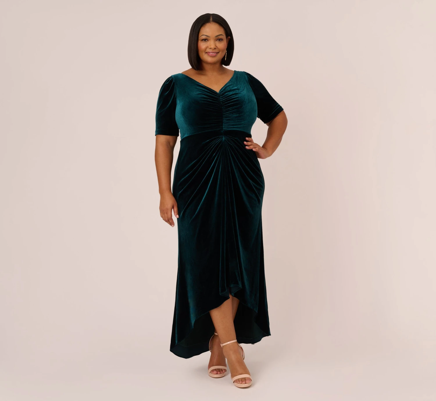 Adrianna Papell Plus Size Shirred Velvet Gown With Elbow-Length Sleeves In Emerald 2 Adrianna Papell Plus Size Shirred Velvet Gown With Elbow-Length Sleeves In Emerald - Image 2