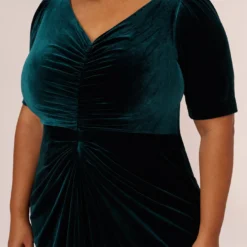 Adrianna Papell Plus Size Shirred Velvet Gown With Elbow-Length Sleeves In Emerald 10 Adrianna Papell Plus Size Shirred Velvet Gown With Elbow-Length Sleeves In Emerald -Glam Mirth Sales AP1E208255 AA321 Plus Detail
