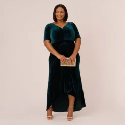 Adrianna Papell Plus Size Shirred Velvet Gown With Elbow-Length Sleeves In Emerald 9 Adrianna Papell Plus Size Shirred Velvet Gown With Elbow-Length Sleeves In Emerald -Glam Mirth Sales AP1E208255 AA321 Plus Side
