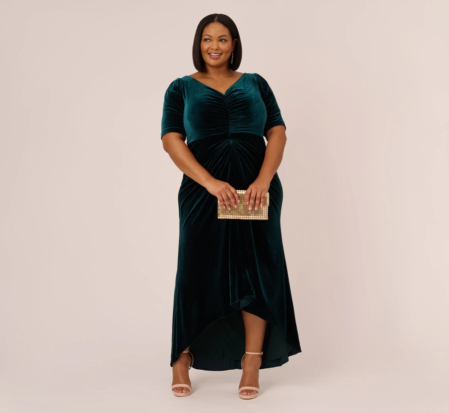 Adrianna Papell Plus Size Shirred Velvet Gown With Elbow-Length Sleeves In Emerald 3 Adrianna Papell Plus Size Shirred Velvet Gown With Elbow-Length Sleeves In Emerald - Image 3