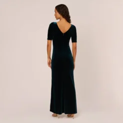 Adrianna Papell Shirred Velvet Gown With Elbow-Length Sleeves In Emerald -Glam Mirth Sales AP1E208255 AA321 Regular Back