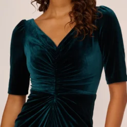 Adrianna Papell Shirred Velvet Gown With Elbow-Length Sleeves In Emerald -Glam Mirth Sales AP1E208255 AA321 Regular Detail
