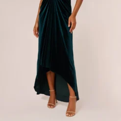 Adrianna Papell Shirred Velvet Gown With Elbow-Length Sleeves In Emerald -Glam Mirth Sales AP1E208255 AA321 Regular Lifestyle