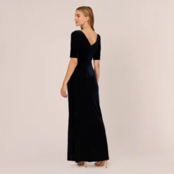 Adrianna Papell Shirred Velvet Gown With Elbow-Length Sleeves In Midnight 10 Adrianna Papell Shirred Velvet Gown With Elbow-Length Sleeves In Midnight -Glam Mirth Sales AP1E208255 AB411 Regular Back