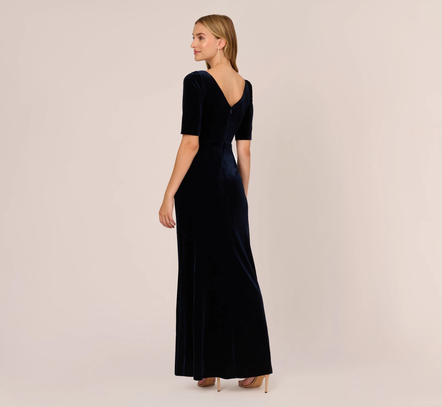 Adrianna Papell Shirred Velvet Gown With Elbow-Length Sleeves In Midnight 5 Adrianna Papell Shirred Velvet Gown With Elbow-Length Sleeves In Midnight - Image 5