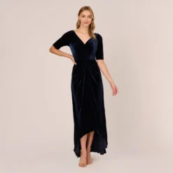Adrianna Papell Shirred Velvet Gown With Elbow-Length Sleeves In Midnight