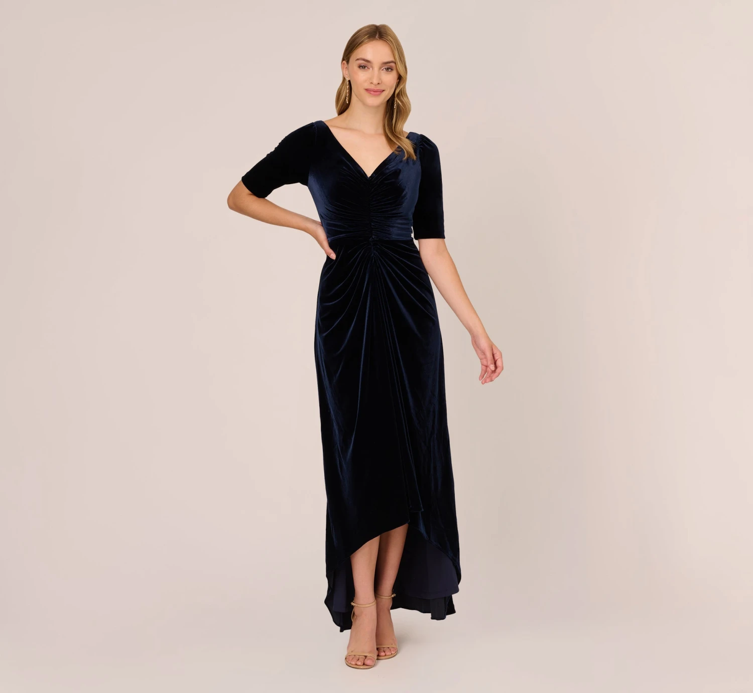 Adrianna Papell Shirred Velvet Gown With Elbow-Length Sleeves In Midnight 1 Adrianna Papell Shirred Velvet Gown With Elbow-Length Sleeves In Midnight
