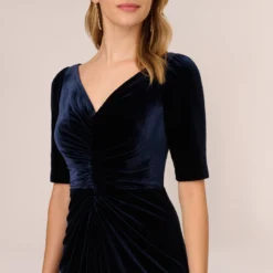 Adrianna Papell Shirred Velvet Gown With Elbow-Length Sleeves In Midnight 8 Adrianna Papell Shirred Velvet Gown With Elbow-Length Sleeves In Midnight -Glam Mirth Sales AP1E208255 AB411 Regular Detail