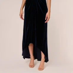 Adrianna Papell Shirred Velvet Gown With Elbow-Length Sleeves In Midnight 9 Adrianna Papell Shirred Velvet Gown With Elbow-Length Sleeves In Midnight -Glam Mirth Sales AP1E208255 AB411 Regular Lifestyle