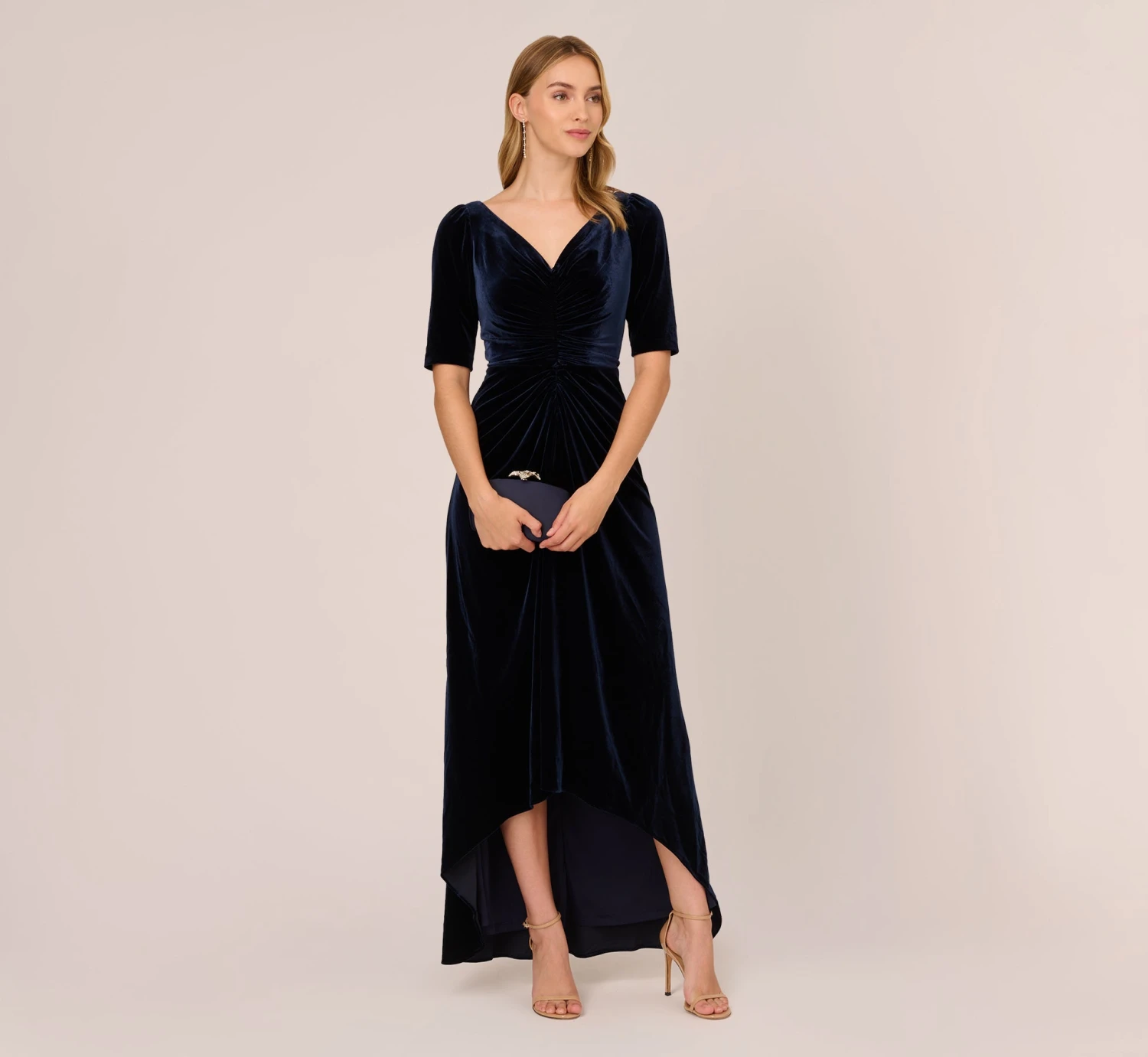 Adrianna Papell Shirred Velvet Gown With Elbow-Length Sleeves In Midnight 2 Adrianna Papell Shirred Velvet Gown With Elbow-Length Sleeves In Midnight - Image 2