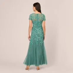 Adrianna Papell Hand Beaded Short Sleeve Floral Godet Gown In Green Slate 9 Adrianna Papell Hand Beaded Short Sleeve Floral Godet Gown In Green Slate -Glam Mirth Sales AP1E208349 AA355 Regular Back