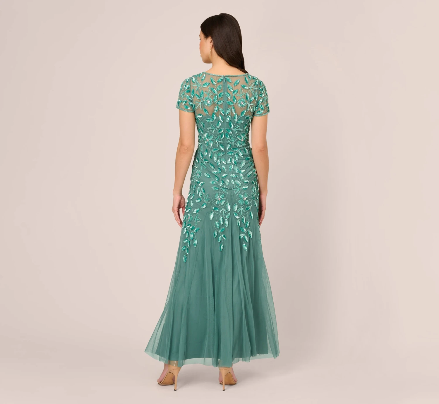 Adrianna Papell Hand Beaded Short Sleeve Floral Godet Gown In Green Slate 4 Adrianna Papell Hand Beaded Short Sleeve Floral Godet Gown In Green Slate - Image 4