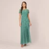 Adrianna Papell Hand Beaded Short Sleeve Floral Godet Gown In Green Slate