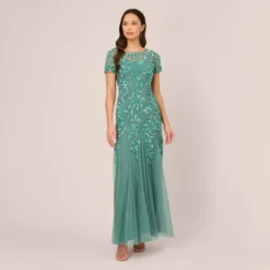 Adrianna Papell Hand Beaded Short Sleeve Floral Godet Gown In Green Slate