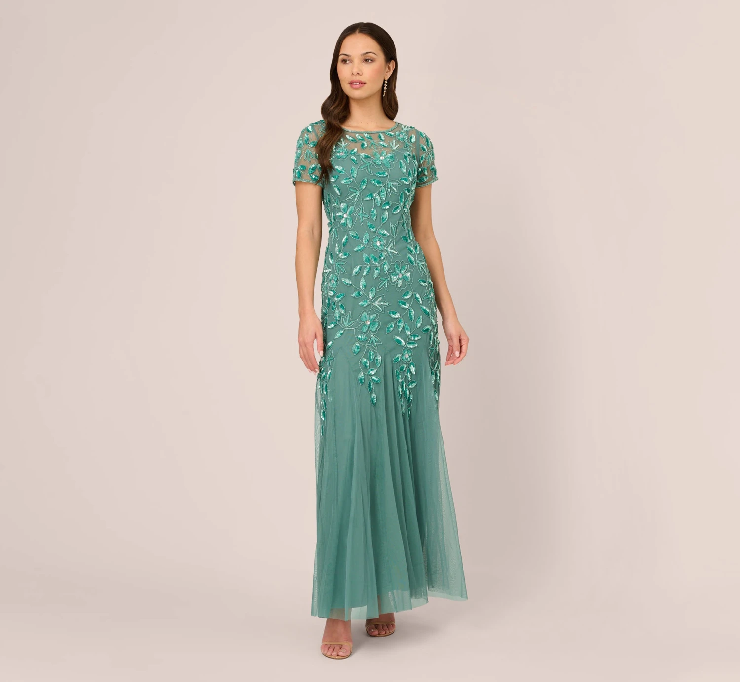 Adrianna Papell Hand Beaded Short Sleeve Floral Godet Gown In Green Slate 1 Adrianna Papell Hand Beaded Short Sleeve Floral Godet Gown In Green Slate