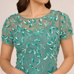 Adrianna Papell Hand Beaded Short Sleeve Floral Godet Gown In Green Slate 8 Adrianna Papell Hand Beaded Short Sleeve Floral Godet Gown In Green Slate -Glam Mirth Sales AP1E208349 AA355 Regular Detail