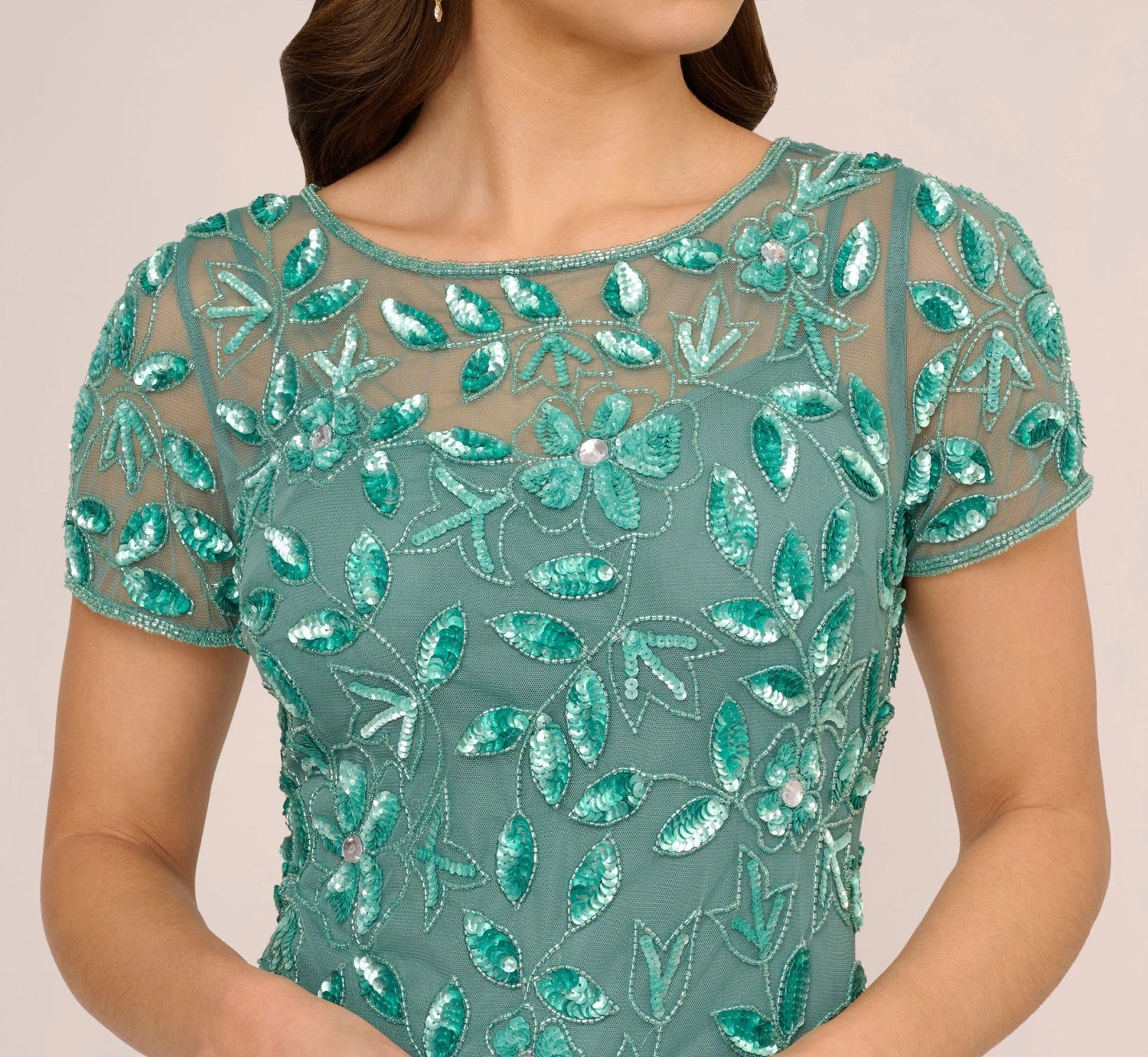 Adrianna Papell Hand Beaded Short Sleeve Floral Godet Gown In Green Slate 3 Adrianna Papell Hand Beaded Short Sleeve Floral Godet Gown In Green Slate - Image 3