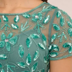 Adrianna Papell Hand Beaded Short Sleeve Floral Godet Gown In Green Slate 10 Adrianna Papell Hand Beaded Short Sleeve Floral Godet Gown In Green Slate -Glam Mirth Sales AP1E208349 AA355 Regular Lifestyle