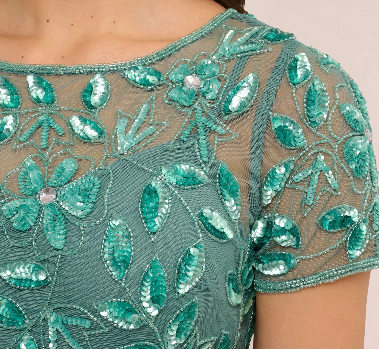 Adrianna Papell Hand Beaded Short Sleeve Floral Godet Gown In Green Slate 5 Adrianna Papell Hand Beaded Short Sleeve Floral Godet Gown In Green Slate - Image 5