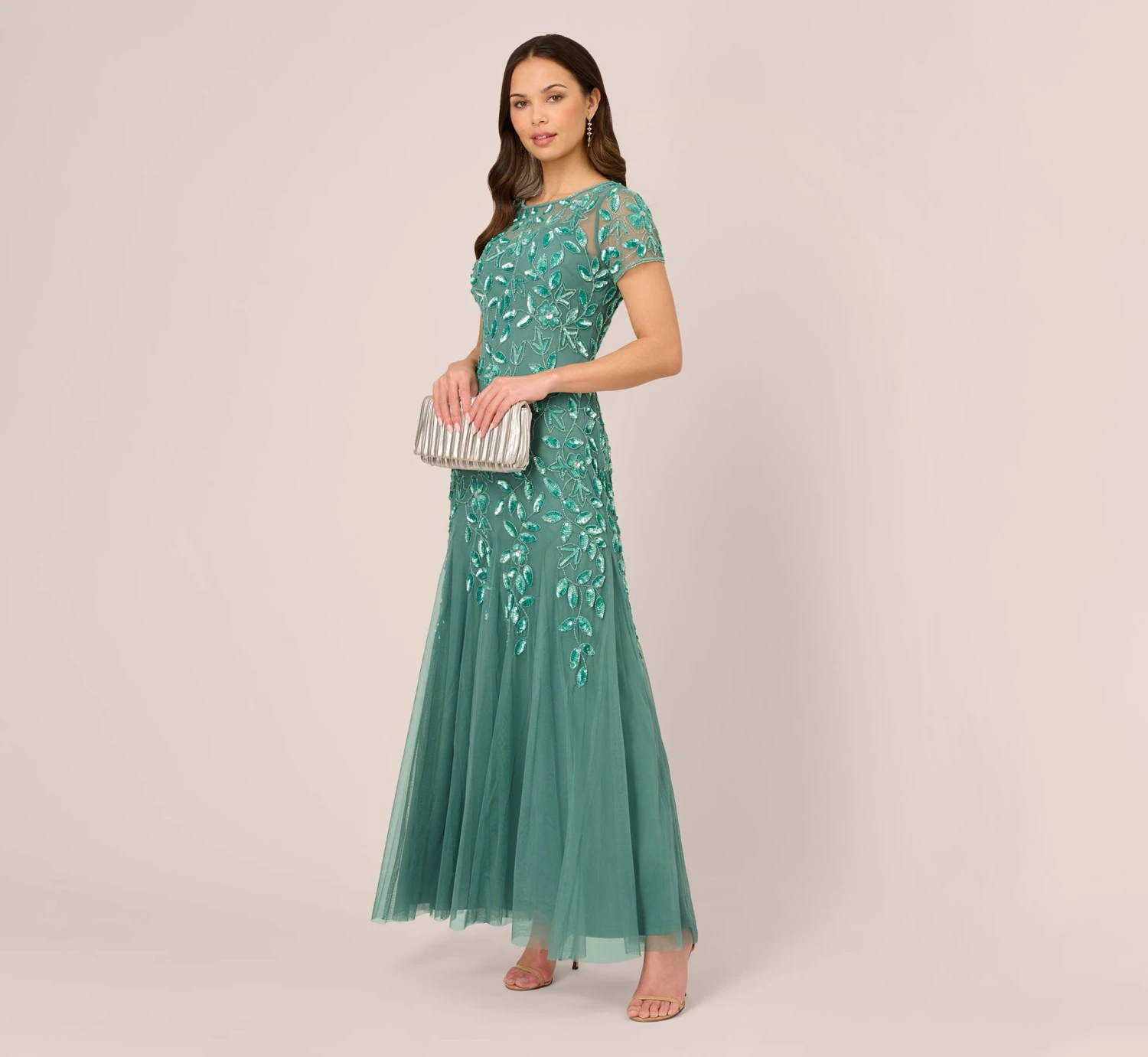 Adrianna Papell Hand Beaded Short Sleeve Floral Godet Gown In Green Slate 2 Adrianna Papell Hand Beaded Short Sleeve Floral Godet Gown In Green Slate - Image 2