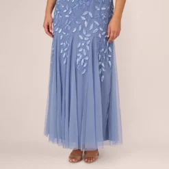 Adrianna Papell Plus Size Hand Beaded Short Sleeve Floral Godet Gown In French Blue 10 Adrianna Papell Plus Size Hand Beaded Short Sleeve Floral Godet Gown In French Blue -Glam Mirth Sales AP1E208349 AA544 Plus Alternate
