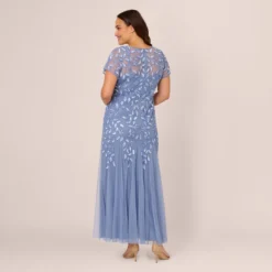 Adrianna Papell Plus Size Hand Beaded Short Sleeve Floral Godet Gown In French Blue 9 Adrianna Papell Plus Size Hand Beaded Short Sleeve Floral Godet Gown In French Blue -Glam Mirth Sales AP1E208349 AA544 Plus Back