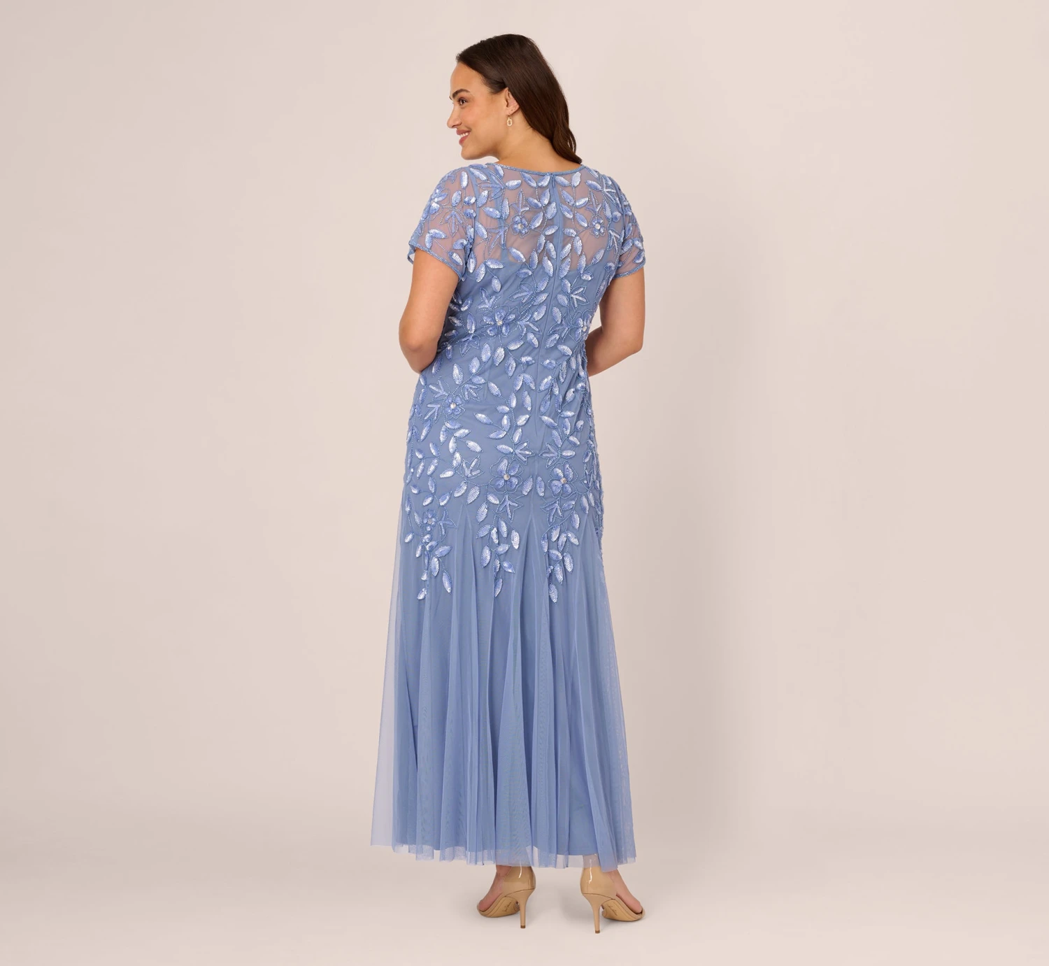 Adrianna Papell Plus Size Hand Beaded Short Sleeve Floral Godet Gown In French Blue 4 Adrianna Papell Plus Size Hand Beaded Short Sleeve Floral Godet Gown In French Blue - Image 4