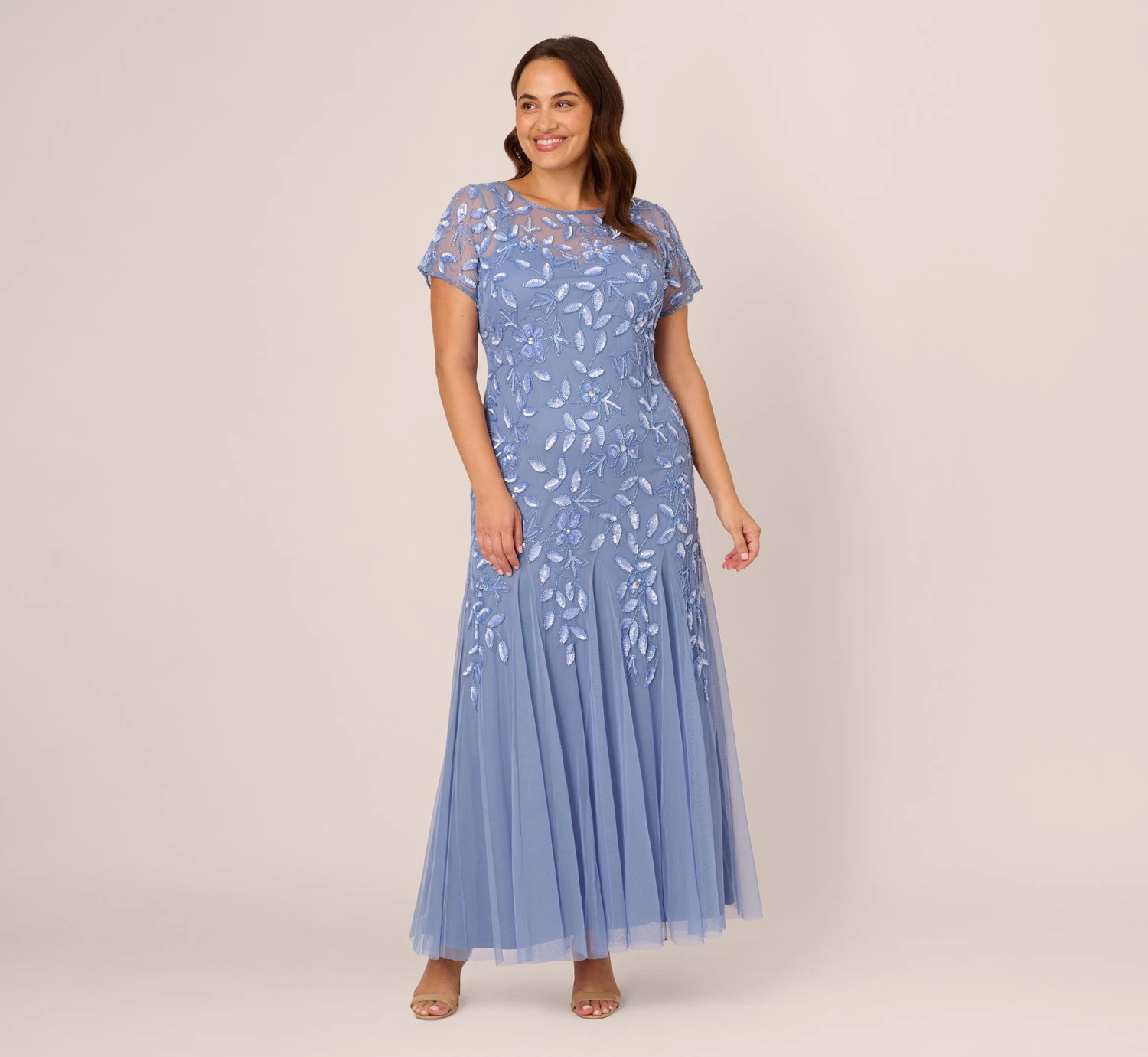 Adrianna Papell Plus Size Hand Beaded Short Sleeve Floral Godet Gown In French Blue 1 Adrianna Papell Plus Size Hand Beaded Short Sleeve Floral Godet Gown In French Blue