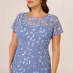 Adrianna Papell Plus Size Hand Beaded Short Sleeve Floral Godet Gown In French Blue 8 Adrianna Papell Plus Size Hand Beaded Short Sleeve Floral Godet Gown In French Blue -Glam Mirth Sales AP1E208349 AA544 Plus Detail
