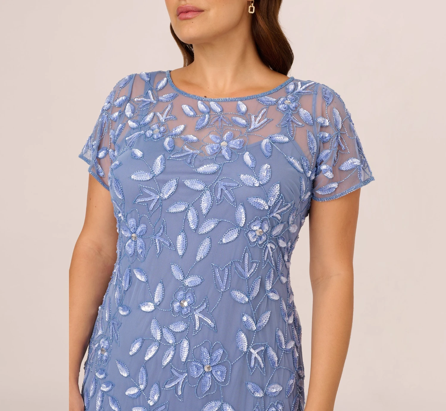 Adrianna Papell Plus Size Hand Beaded Short Sleeve Floral Godet Gown In French Blue 3 Adrianna Papell Plus Size Hand Beaded Short Sleeve Floral Godet Gown In French Blue - Image 3