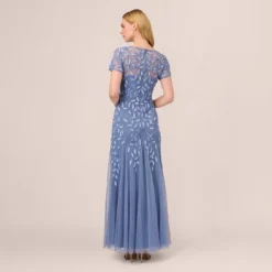 Adrianna Papell Hand Beaded Short Sleeve Floral Godet Gown In French Blue 9 Adrianna Papell Hand Beaded Short Sleeve Floral Godet Gown In French Blue -Glam Mirth Sales AP1E208349 AA544 Regular Back