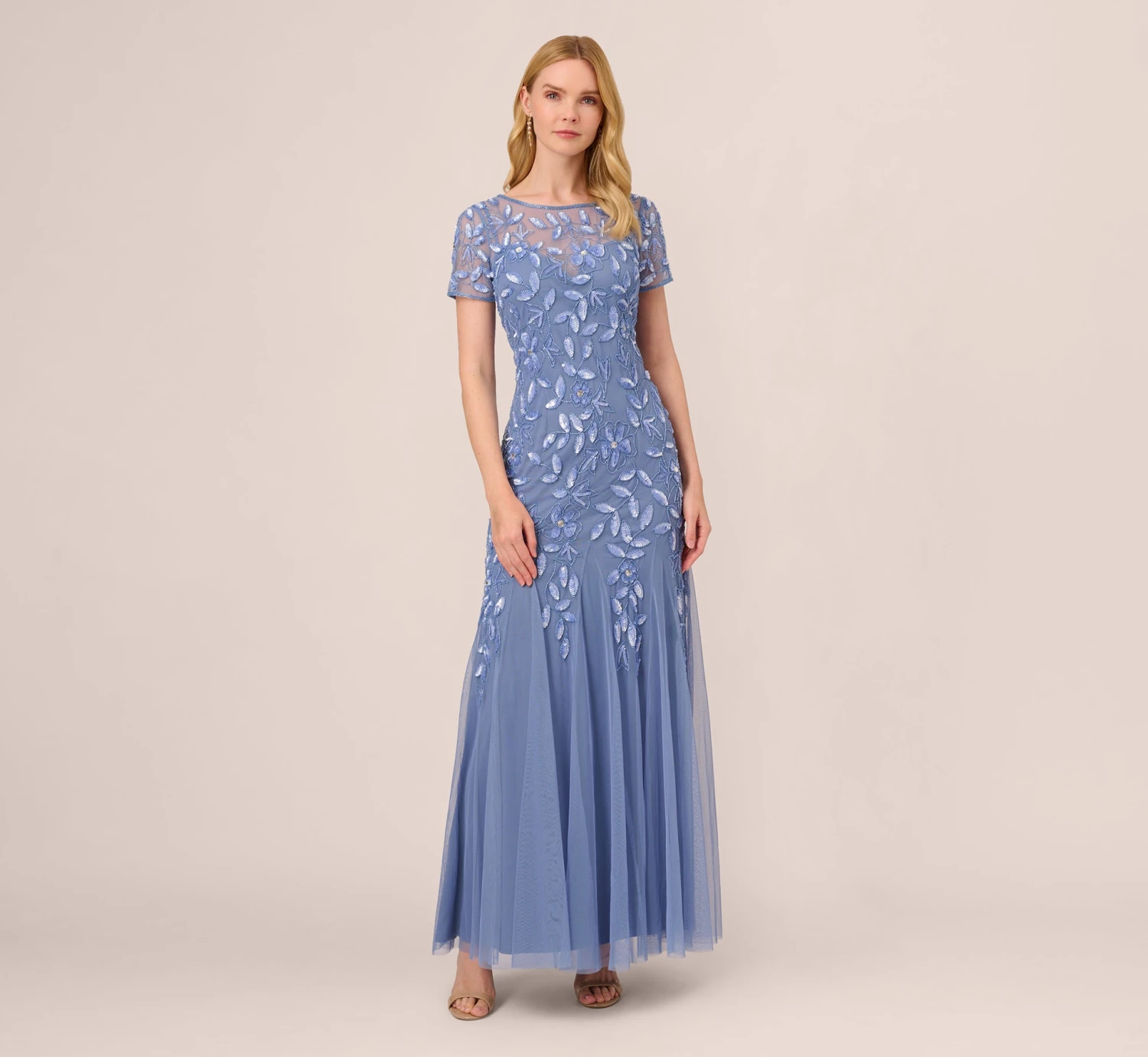 Adrianna Papell Hand Beaded Short Sleeve Floral Godet Gown In French Blue 1 Adrianna Papell Hand Beaded Short Sleeve Floral Godet Gown In French Blue