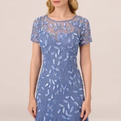 Adrianna Papell Hand Beaded Short Sleeve Floral Godet Gown In French Blue 10 Adrianna Papell Hand Beaded Short Sleeve Floral Godet Gown In French Blue -Glam Mirth Sales AP1E208349 AA544 Regular Detail