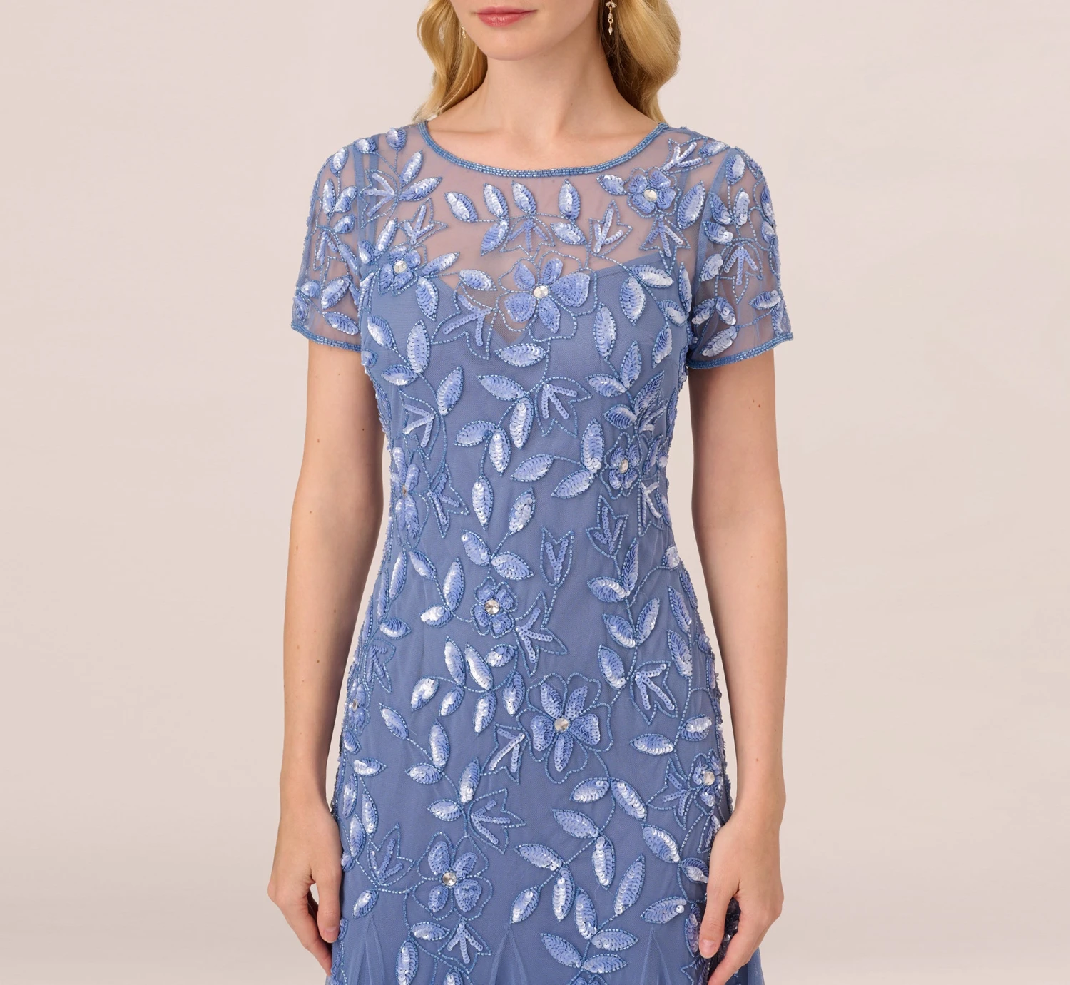 Adrianna Papell Hand Beaded Short Sleeve Floral Godet Gown In French Blue 5 Adrianna Papell Hand Beaded Short Sleeve Floral Godet Gown In French Blue - Image 5