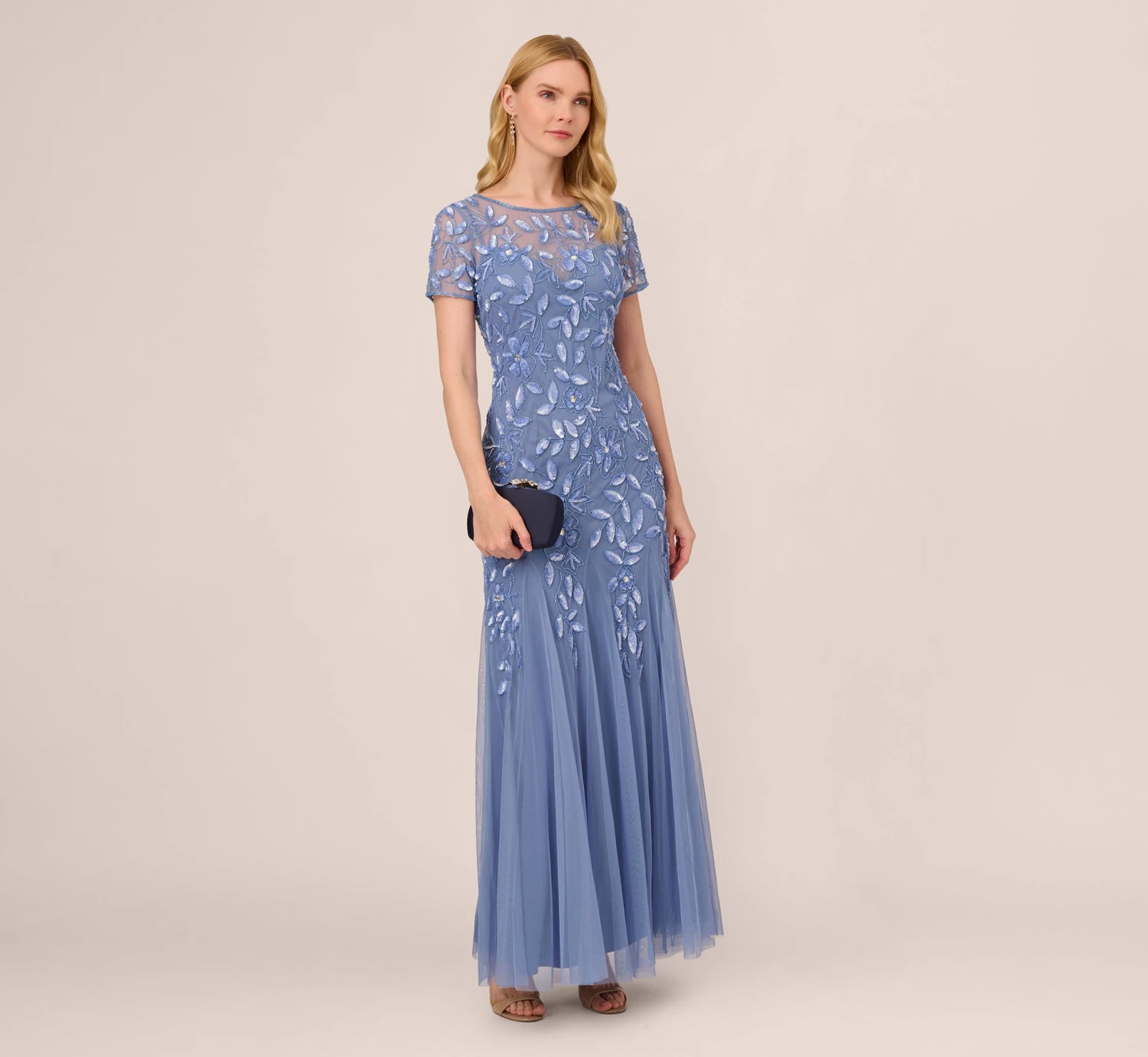 Adrianna Papell Hand Beaded Short Sleeve Floral Godet Gown In French Blue 2 Adrianna Papell Hand Beaded Short Sleeve Floral Godet Gown In French Blue - Image 2