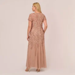 Adrianna Papell Plus Size Hand Beaded Short Sleeve Floral Godet Gown In Rose Gold 9 Adrianna Papell Plus Size Hand Beaded Short Sleeve Floral Godet Gown In Rose Gold -Glam Mirth Sales AP1E208349 AA958 Plus Back